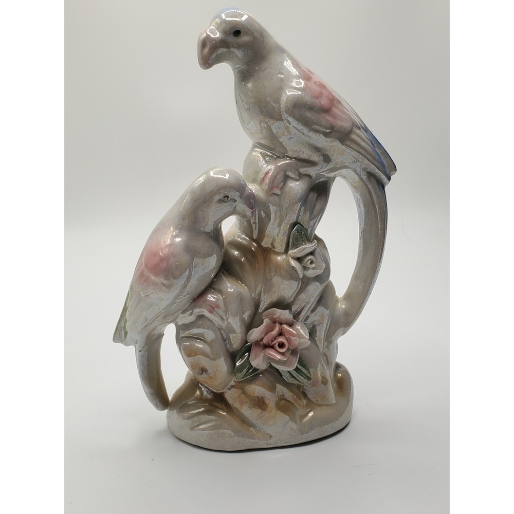 Love Birds Opalescent White, Blue, And Pink 7" Tall Ceramic Stamped In Red China